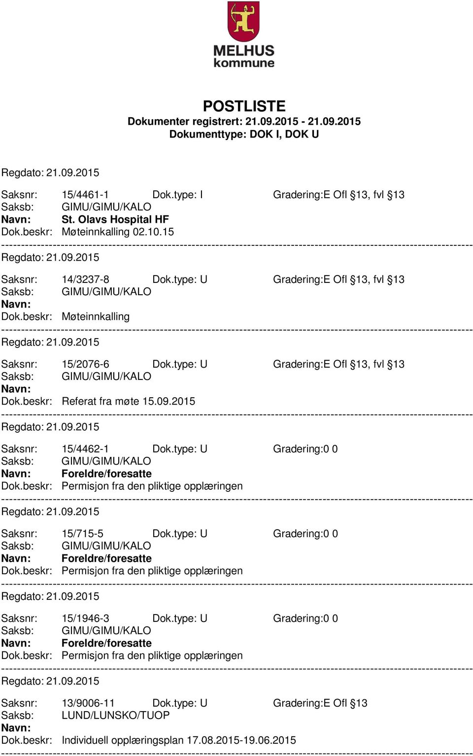 2015 Saksnr: 15/4462-1 Dok.type: U Gradering:0 0 Foreldre/foresatte Saksnr: 15/715-5 Dok.type: U Gradering:0 0 Foreldre/foresatte Saksnr: 15/1946-3 Dok.