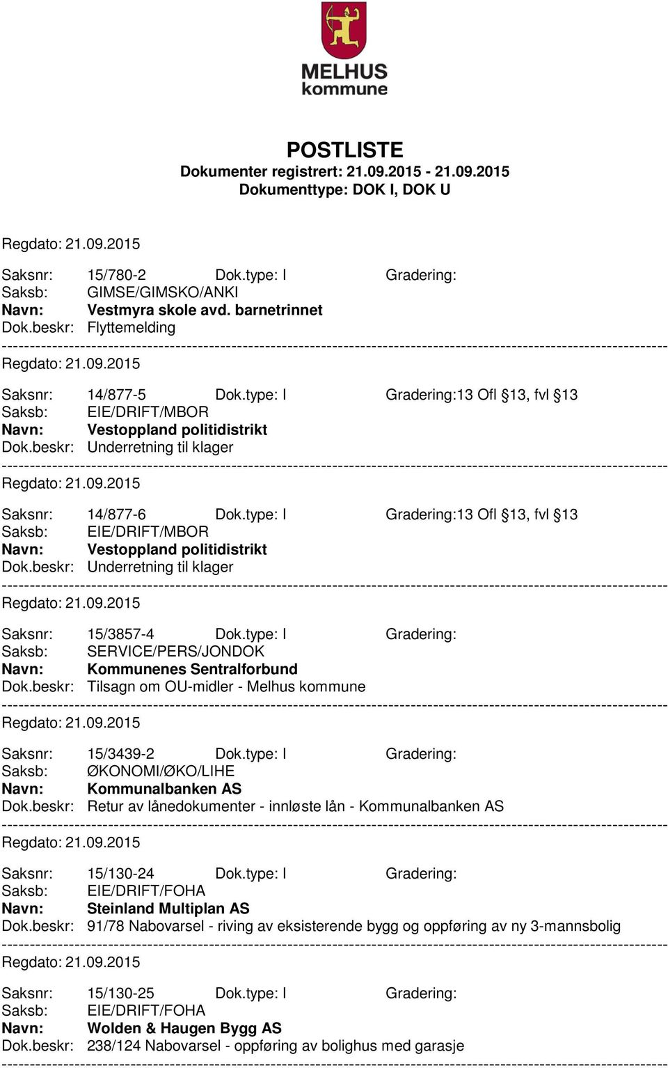 type: I Gradering:13 Ofl 13, fvl 13 Saksb: EIE/DRIFT/MBOR Vestoppland politidistrikt Dok.beskr: Underretning til klager Saksnr: 15/3857-4 Dok.