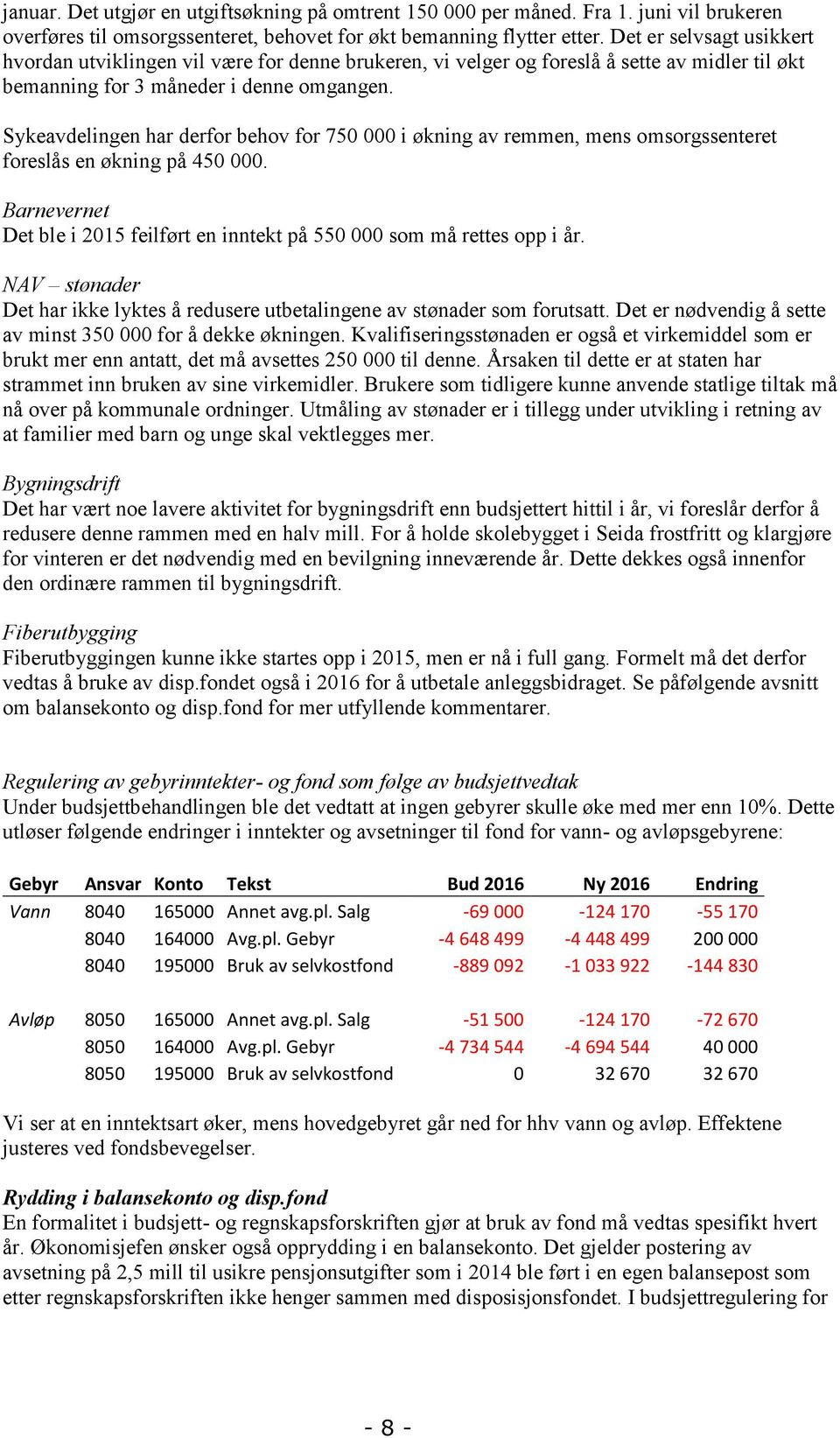 Sykeavdelingen har derfor behov for 750 000 i økning av remmen, mens omsorgssenteret foreslås en økning på 450 000. Barnevernet Det ble i 2015 feilført en inntekt på 550 000 som må rettes opp i år.