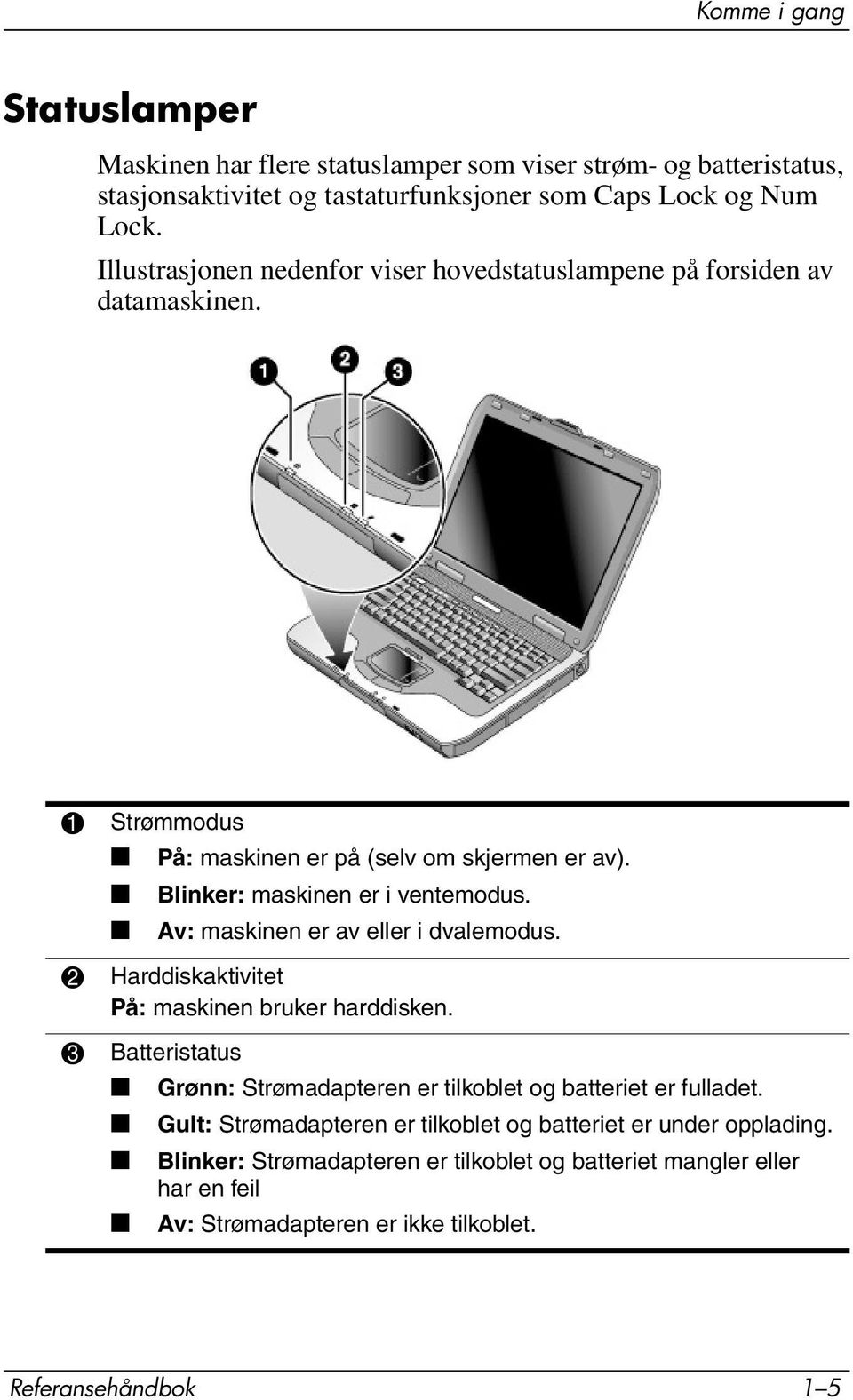 Av: maskinen er av eller i dvalemodus. 2 Harddiskaktivitet På: maskinen bruker harddisken. 3 Batteristatus Grønn: Strømadapteren er tilkoblet og batteriet er fulladet.