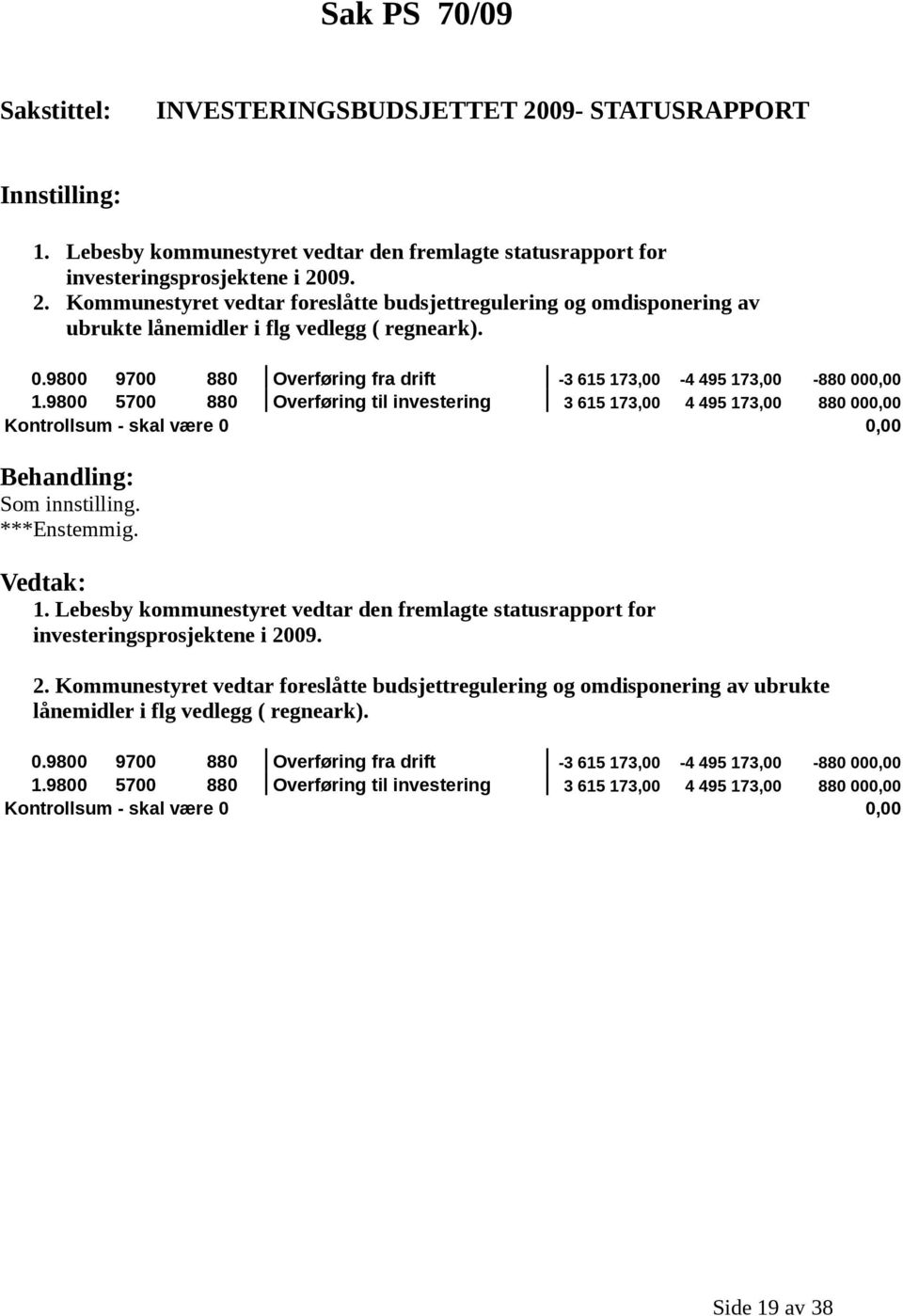 1. Lebesby kommunestyret vedtar den fremlagte statusrapport for investeringsprosjektene i 20