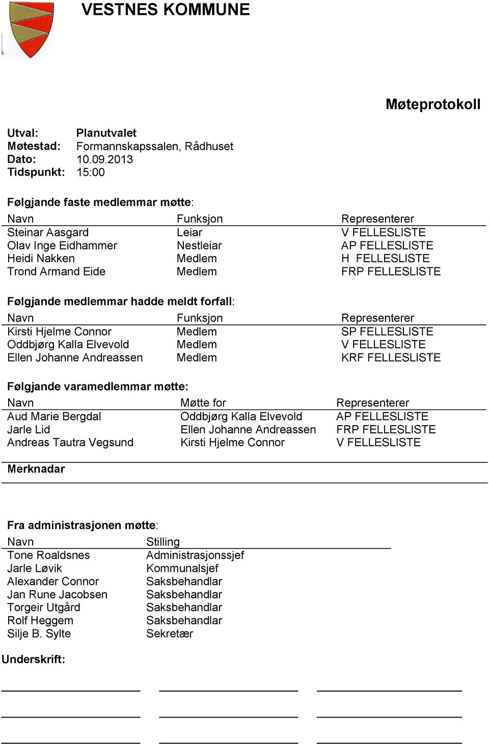 Trond Armand Eide Medlem FRP FELLESLISTE Følgjande medlemmar hadde meldt forfall: Navn Funksjon Representerer Kirsti Hjelme Connor Medlem SP FELLESLISTE Oddbjørg Kalla Elvevold Medlem V FELLESLISTE