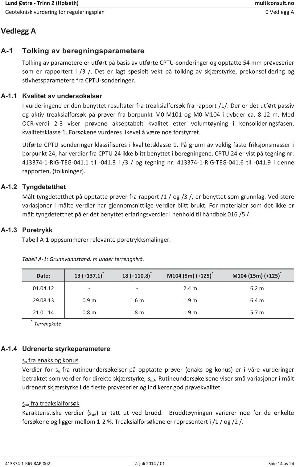 Det er lagt spesielt vekt på tolking av skjærstyrke, prekonsolidering og stivhetsparametere fra CPTU-sonderinger. I vurderingene er den benyttet resultater fra treaksialforsøk fra rapport /1/.