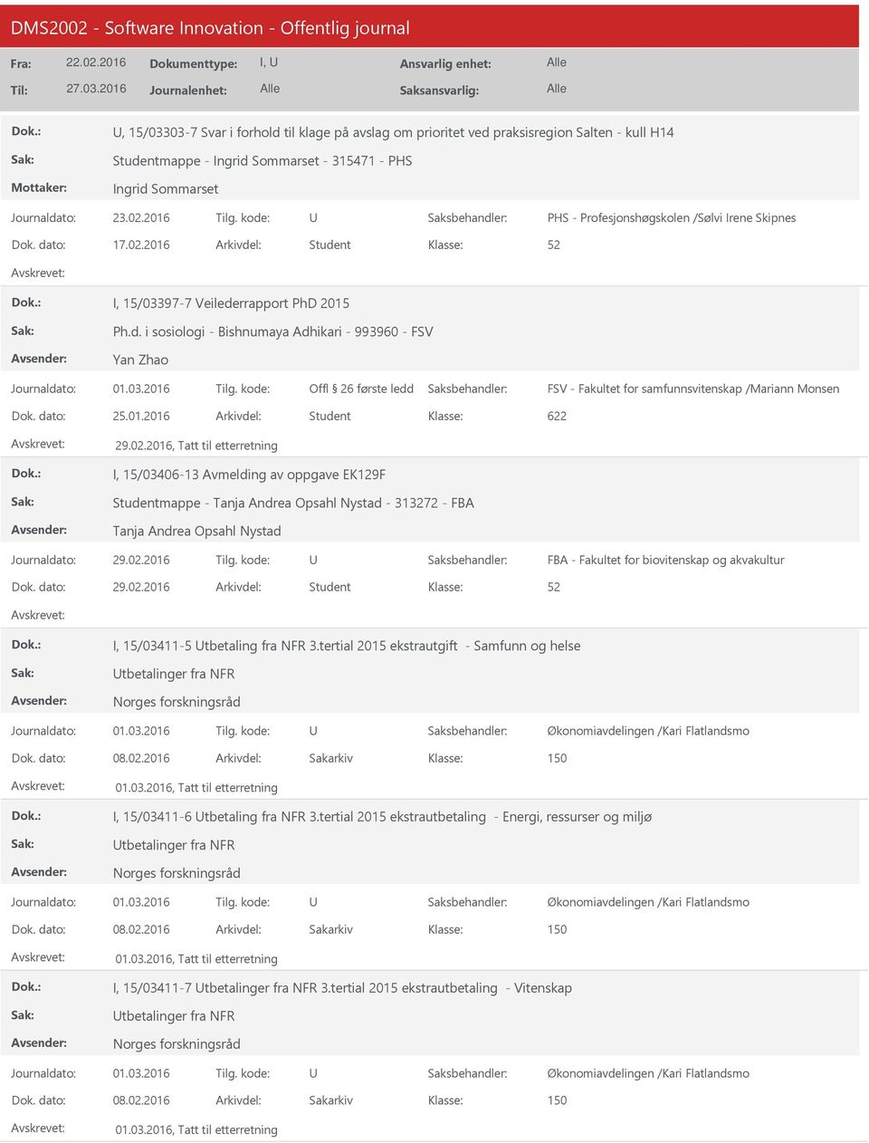 02.2016, Tatt til etterretning I, 15/03406-13 Avmelding av oppgave EK129F Studentmappe - Tanja Andrea Opsahl Nystad - 313272 - FBA Tanja Andrea Opsahl Nystad FBA - Fakultet for biovitenskap og