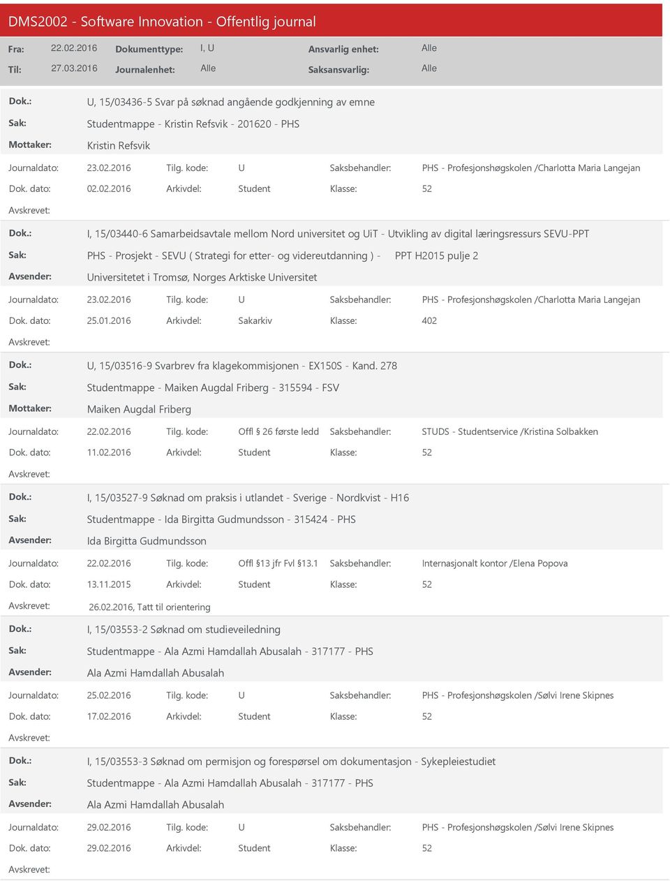 pulje 2 niversitetet i Tromsø, Norges Arktiske niversitet PHS - Profesjonshøgskolen /Charlotta Maria Langejan 25.01.2016 402, 15/03516-9 Svarbrev fra klagekommisjonen - EX150S - Kand.