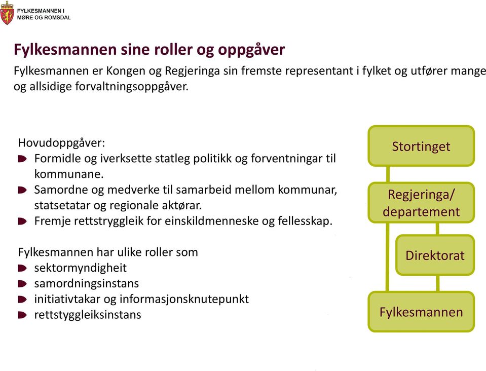 Samordne og medverke til samarbeid mellom kommunar, statsetatar og regionale aktørar. Fremje rettstryggleik for einskildmenneske og fellesskap.