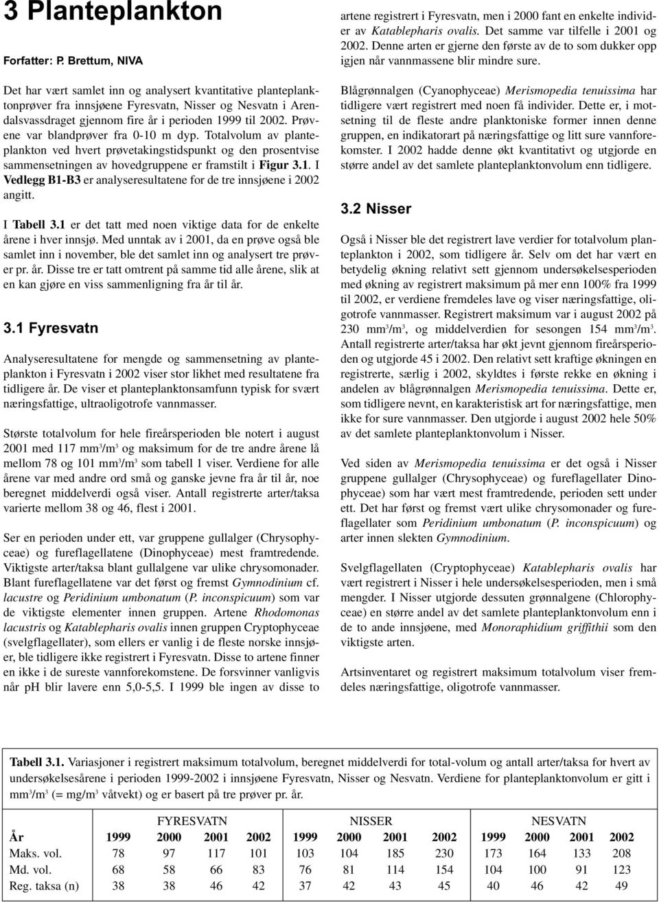 Prøvene var blandprøver fra -1 m dyp. Totalvolum av planteplankton ved hvert prøvetakingstidspunkt og den prosentvise sammensetningen av hovedgruppene er framstilt i Figur 3.1. I Vedlegg B1-B3 er analyseresultatene for de tre innsjøene i 22 angitt.