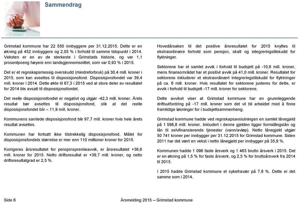 kroner i 2015, som kan avsettes til disposisjonsfond. Disposisjonsfondet var 39,4 mill. kroner i 2014.