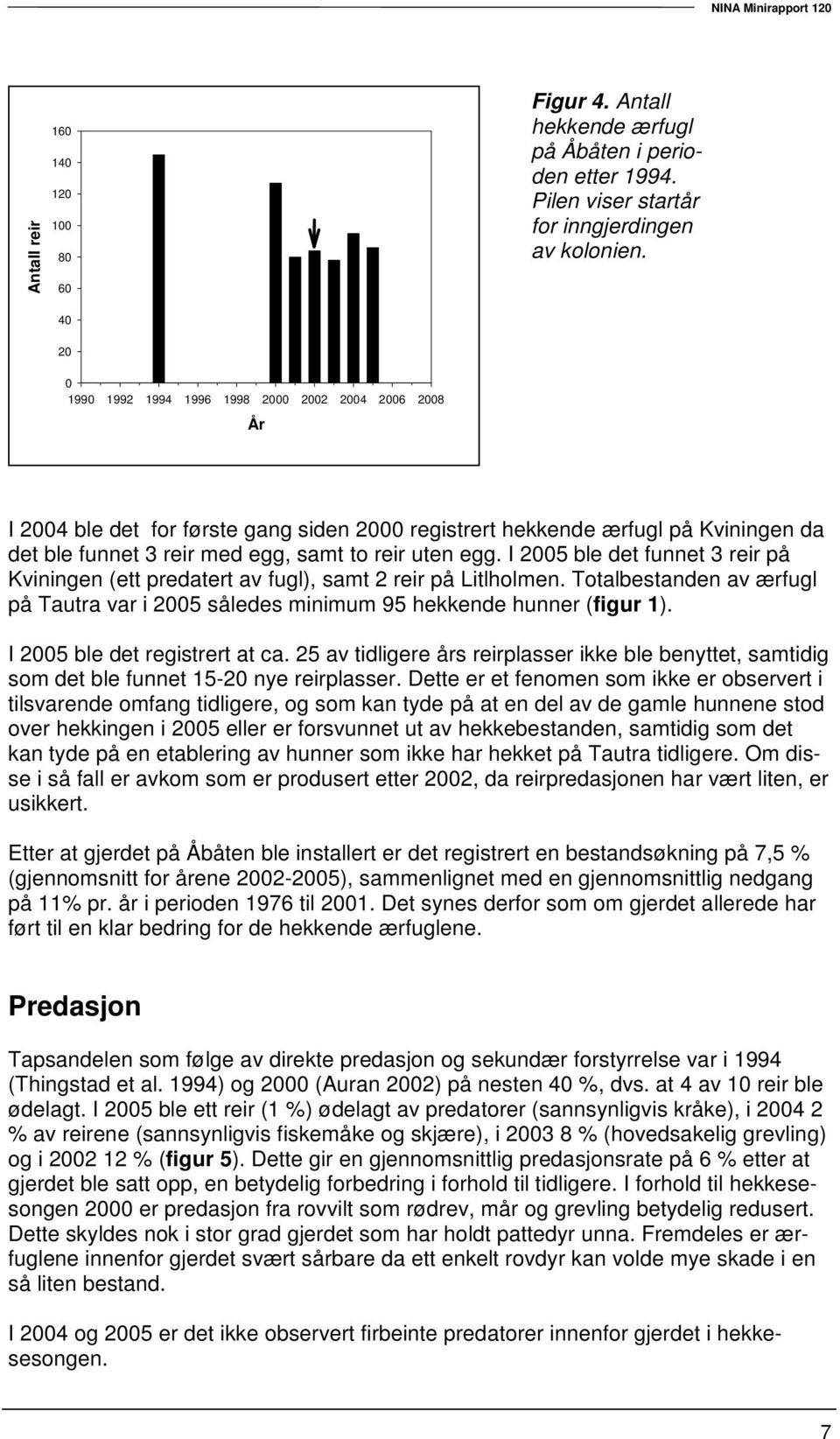 I 2005 ble det funnet 3 reir på Kviningen (ett predatert av fugl), samt 2 reir på Litlholmen. Totalbestanden av ærfugl på Tautra var i 2005 således minimum 95 hekkende hunner (figur 1).