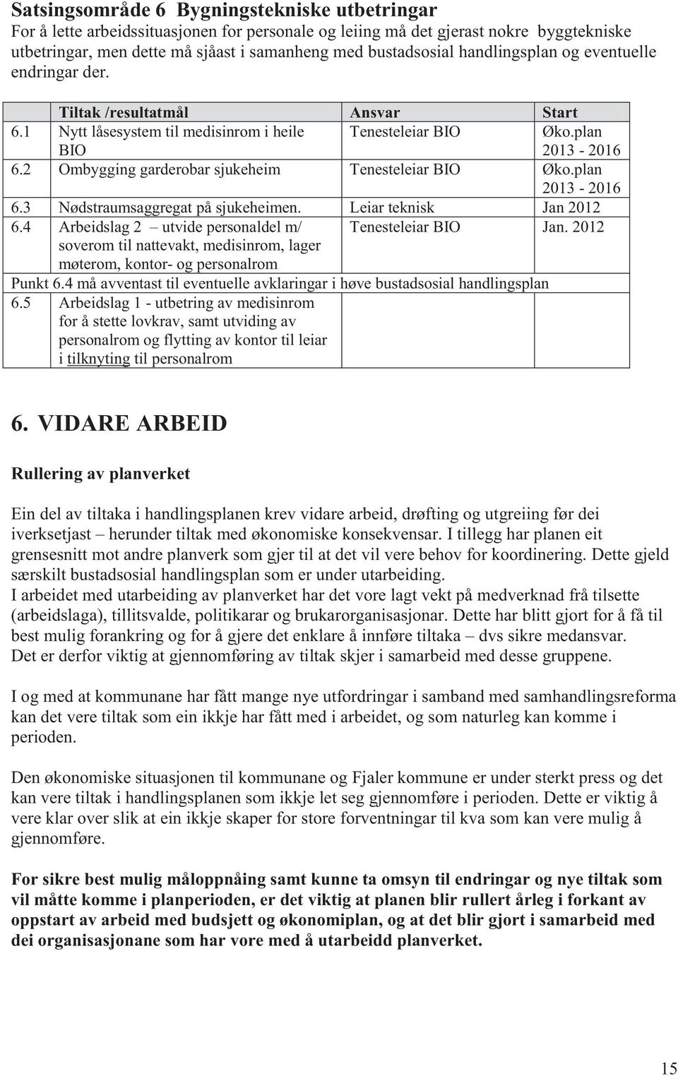 2 Ombygging garderobar sjukeheim Tenesteleiar BIO Øko.plan 2013-2016 6.3 Nødstraumsaggregat på sjukeheimen. Leiar teknisk Jan 2012 6.4 Arbeidslag 2 utvide personaldel m/ Tenesteleiar BIO Jan.