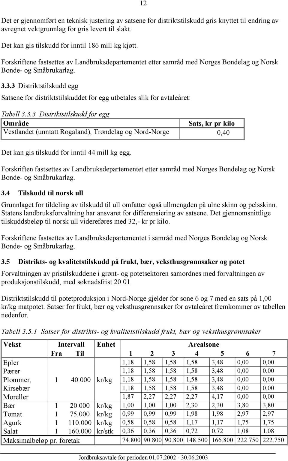 3.3 Distriktstilskudd egg Satsene for distriktstilskuddet for egg utbetales slik for avtaleåret: Tabell 3.3.3 Distriktstilskudd for egg Område Sats, kr pr kilo Vestlandet (unntatt Rogaland), Trøndelag og Nord-Norge 0,40 Det kan gis tilskudd for inntil 44 mill kg egg.