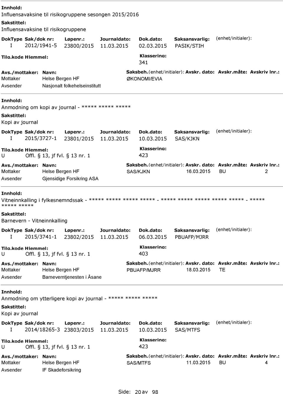 /mottaker: Navn: Saksbeh. Avskr. dato: Avskr.måte: Avskriv lnr.: Mottaker SAS/KJKN 16.03.