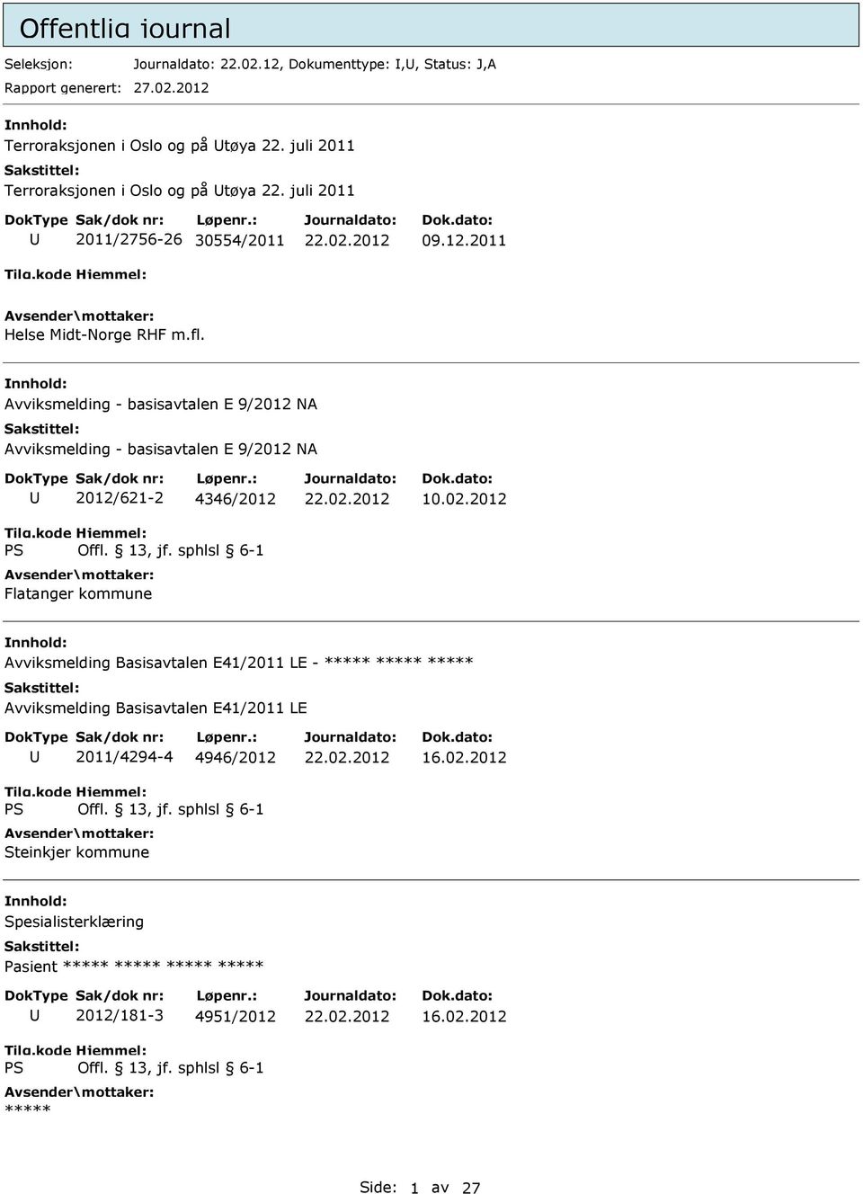 Avviksmelding - basisavtalen E 9/2012 NA Avviksmelding - basisavtalen E 9/2012 NA 2012/621-2 4346/2012 Flatanger kommune 10.02.