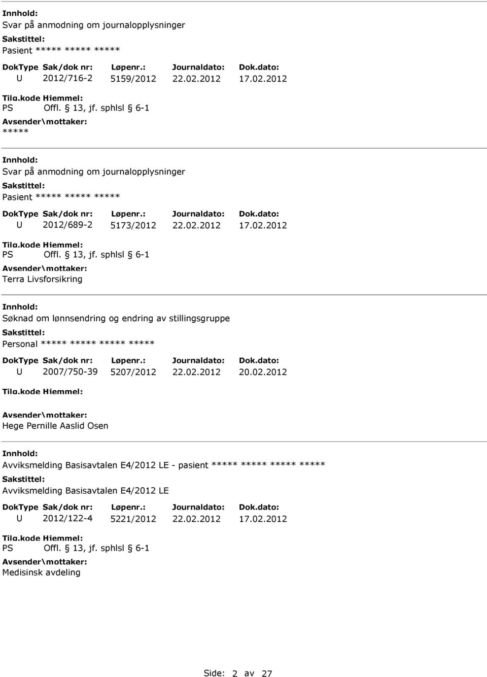 ***** ***** ***** 2007/750-39 5207/2012 Hege Pernille Aaslid Osen Avviksmelding Basisavtalen E4/2012 LE -