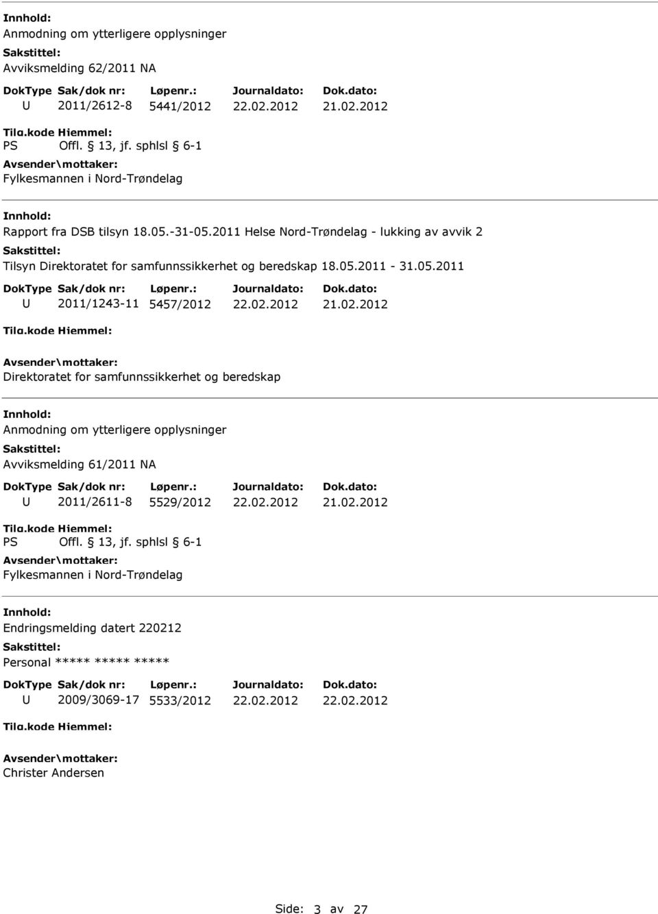 02.2012 Direktoratet for samfunnssikkerhet og beredskap Anmodning om ytterligere opplysninger Avviksmelding 61/2011 NA 2011/2611-8 5529/2012