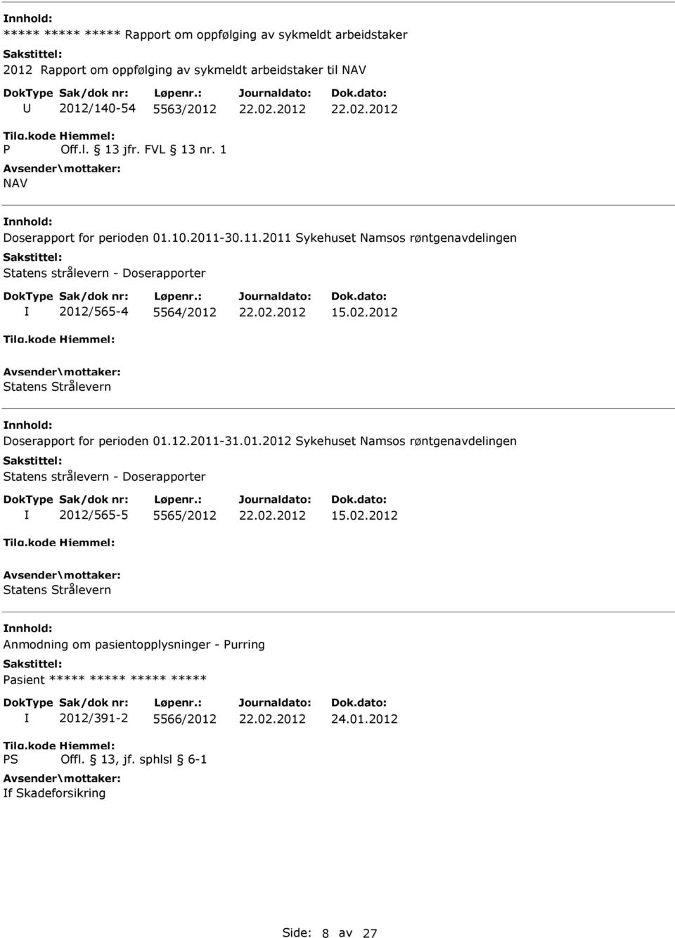 02.2012 Statens Strålevern Doserapport for perioden 01.12.2011-31.01.2012 Sykehuset Namsos røntgenavdelingen Statens strålevern - Doserapporter 2012/565-5 5565/2012 15.