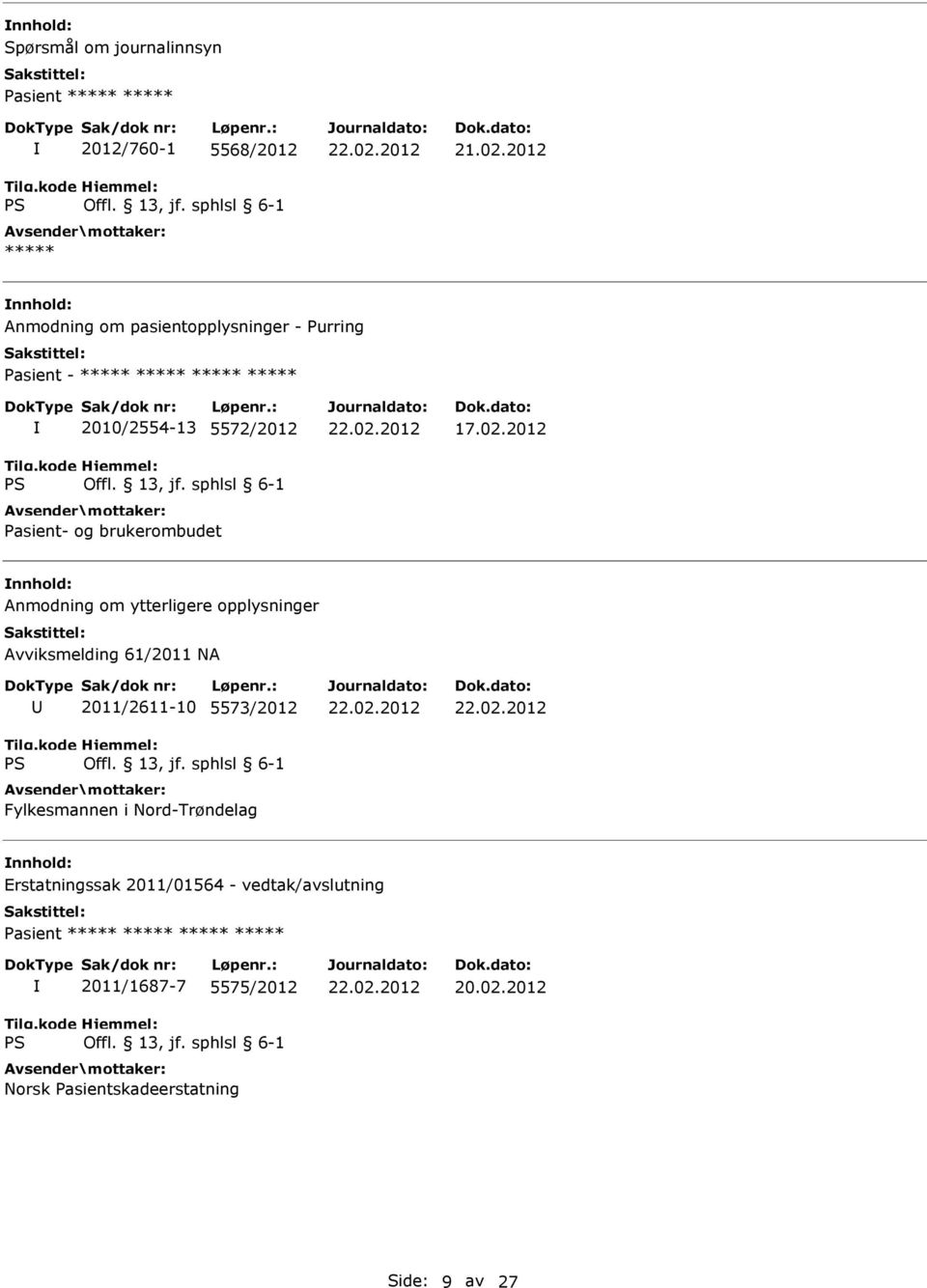 Pasient- og brukerombudet Anmodning om ytterligere opplysninger Avviksmelding 61/2011 NA 2011/2611-10