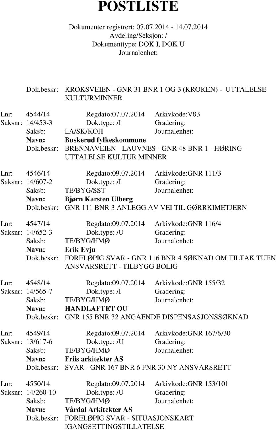 2014 Arkivkode:GNR 111/3 Saksnr: 14/607-2 Dok.type: /I Gradering: Saksb: TE/BYG/SST Bjørn Karsten Ulberg Dok.beskr: GNR 111 BNR 3 ANLEGG AV VEI TIL GØRRKIMETJERN Lnr: 4547/14 Regdato:09.07.2014 Arkivkode:GNR 116/4 Saksnr: 14/652-3 Dok.