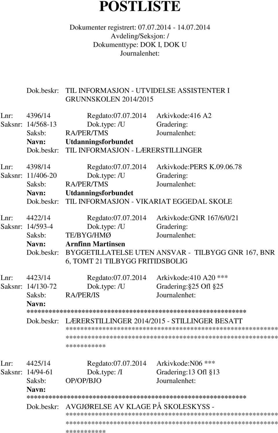 type: /U Gradering: Saksb: RA/PER/TMS Utdanningsforbundet Dok.beskr: TIL INFORMASJON - VIKARIAT EGGEDAL SKOLE Lnr: 4422/14 Regdato:07.07.2014 Arkivkode:GNR 167/6/0/21 Saksnr: 14/593-4 Dok.