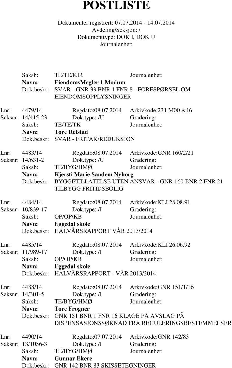 type: /U Gradering: Kjersti Marie Sandem Nyborg Dok.beskr: BYGGETILLATELSE UTEN ANSVAR - GNR 160 BNR 2 FNR 21 TILBYGG FRITIDSBOLIG Lnr: 4484/14 Regdato:08.07.2014 Arkivkode:KLI 28.08.91 Saksnr: 10/839-17 Dok.