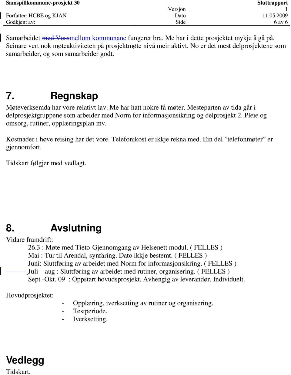 Mesteparten av tida går i delprosjektgruppene som arbeider med Norm for informasjonsikring og delprosjekt 2. Pleie og omsorg, rutiner, opplæringsplan mv. Kostnader i høve reising har det vore.