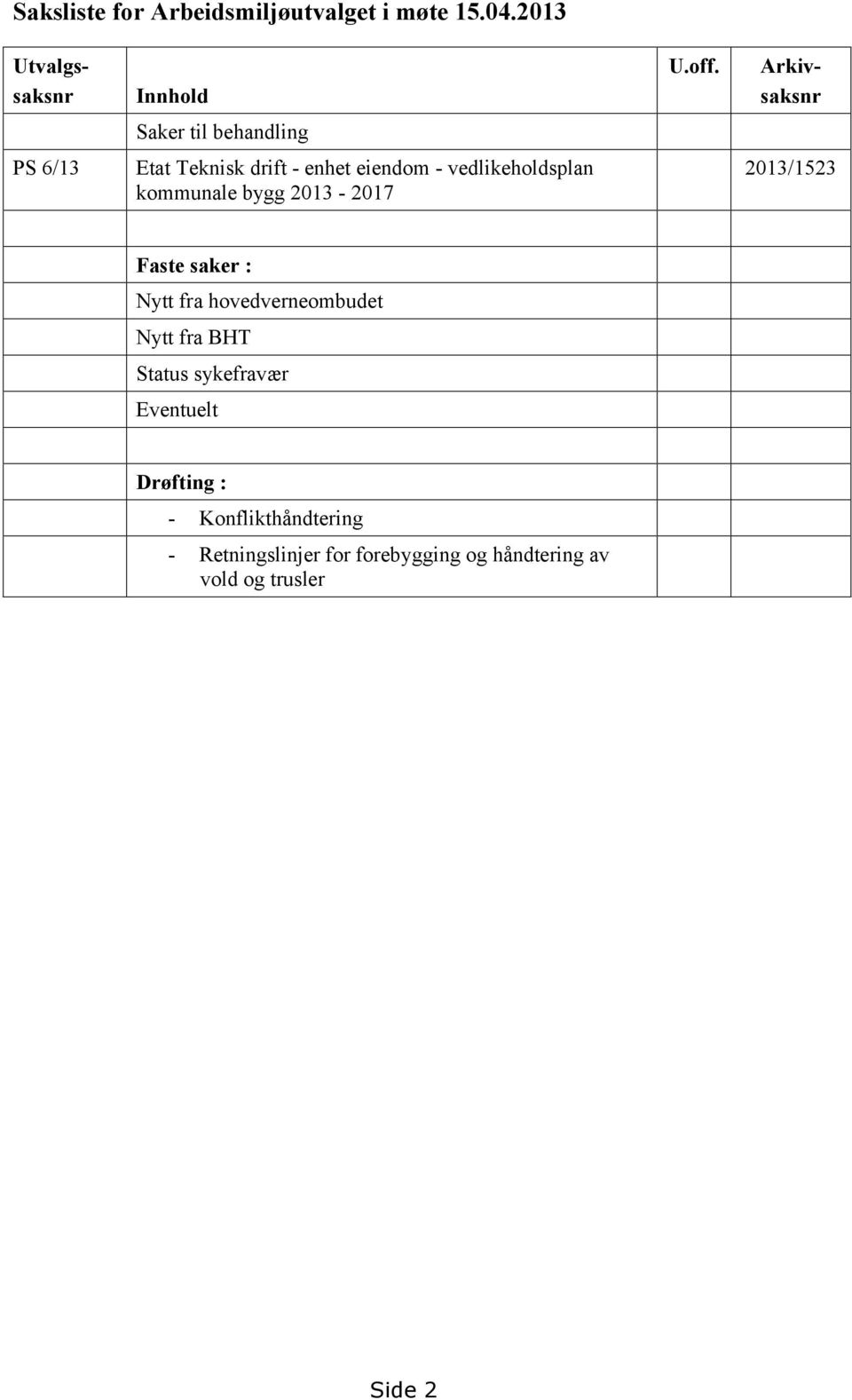 vedlikeholdsplan kommunale bygg 2013-2017 2013/1523 Faste saker : Nytt fra hovedverneombudet Nytt