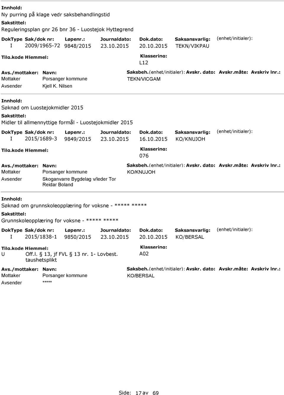 2015 KO/KNJOH 076 Avs./mottaker: Navn: Saksbeh. Avskr. dato: Avskr.måte: Avskriv lnr.