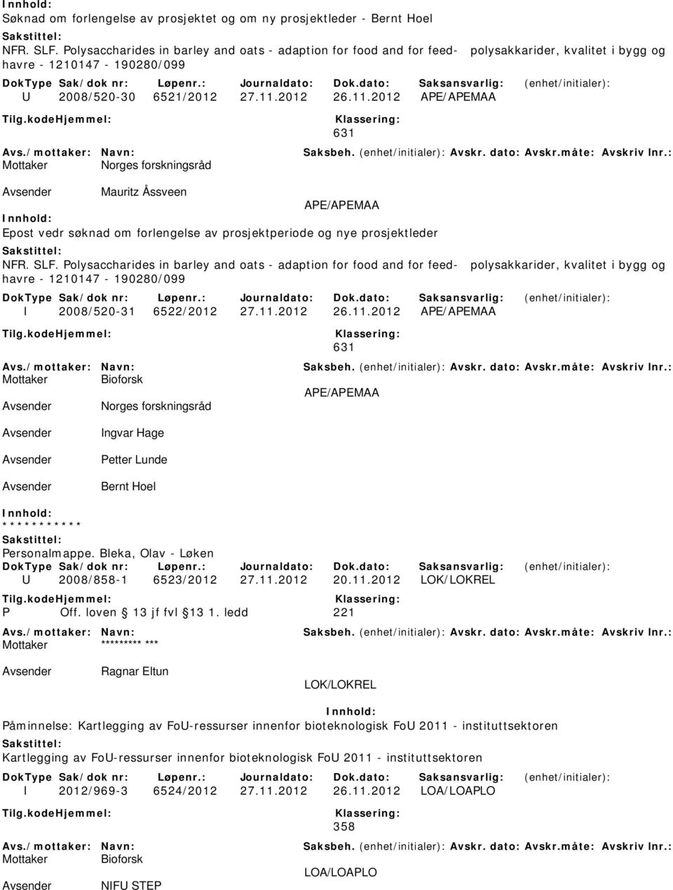 2012 26.11.2012 APE/APEMAA Mottaker Norges forskningsråd Mauritz Åssveen APE/APEMAA Epost vedr søknad om forlengelse av prosjektperiode og nye prosjektleder NFR. SLF.