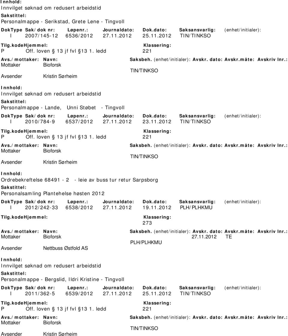 11.2012 19.11.2012 PLH/PLHKMU 273 27.11.2012 TE PLH/PLHKMU Nettbuss Østfold AS Innvilget søknad om redusert arbeidstid Personalmappe - Bergslid, Ildri Kristine - Tingvoll I 2011/362-5 6539/2012 27.