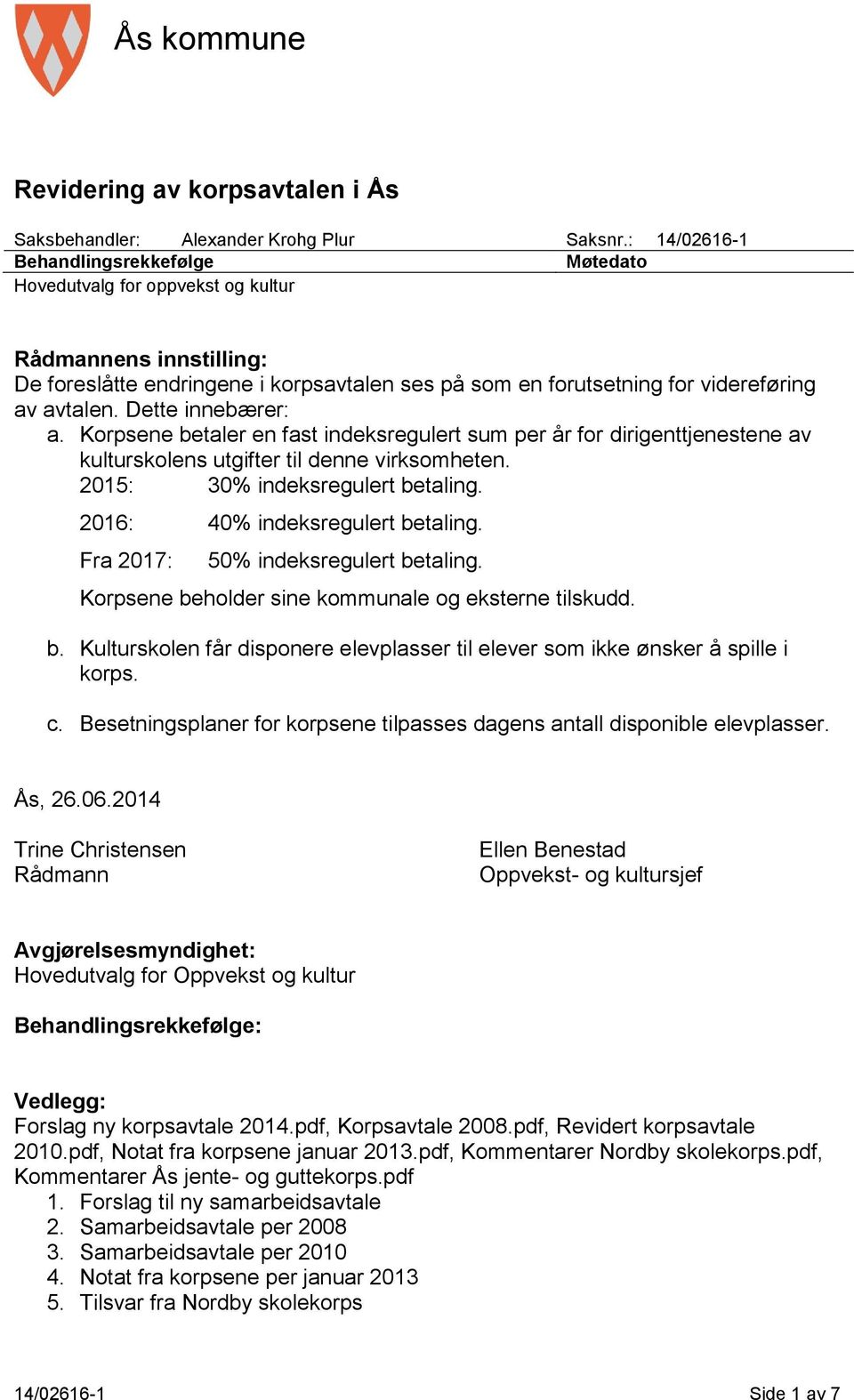 Dette innebærer: a. Korpsene betaler en fast indeksregulert sum per år for dirigenttjenestene av kulturskolens utgifter til denne virksomheten. 2015: 30% indeksregulert betaling.