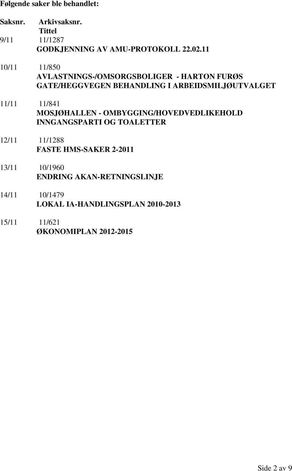 11/841 MOSJØHALLEN - OMBYGGING/HOVEDVEDLIKEHOLD INNGANGSPARTI OG TOALETTER 12/11 11/1288 FASTE HMS-SAKER 2-2011