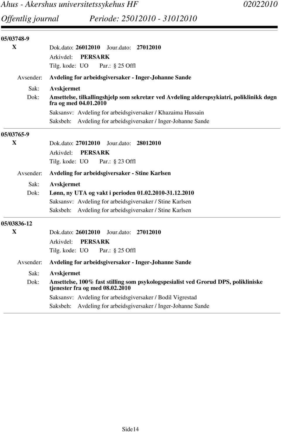 2010 Saksansv: Avdeling for arbeidsgiversaker / Khazaima Hussain Saksbeh: Avdeling for arbeidsgiversaker / Inger-Johanne Sande 05/03765-9 X Dok.dato: 27012010 Jour.