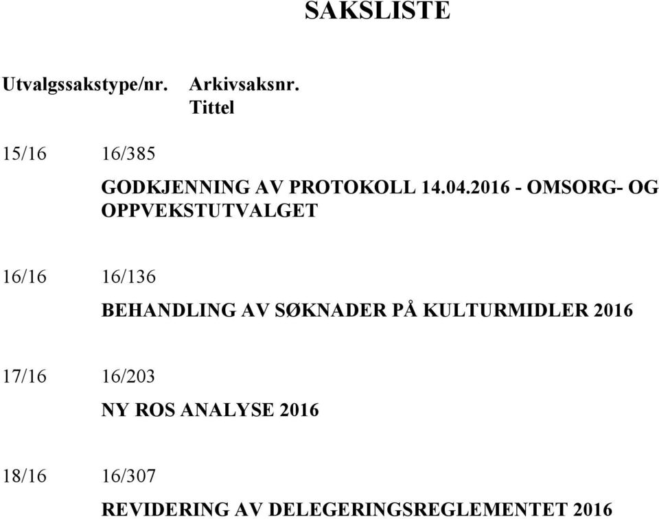 2016 - OMSORG- OG OPPVEKSTUTVALGET 16/16 16/136 BEHANDLING AV