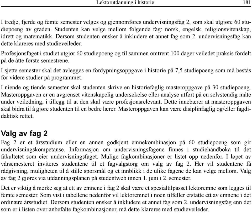 undervisningsfag kan dette klareres med studieveileder. Profesjonsfaget i studiet utgjør 60 studiepoeng og til sammen omtrent 100 dager veiledet praksis fordelt på de åtte første semestrene.