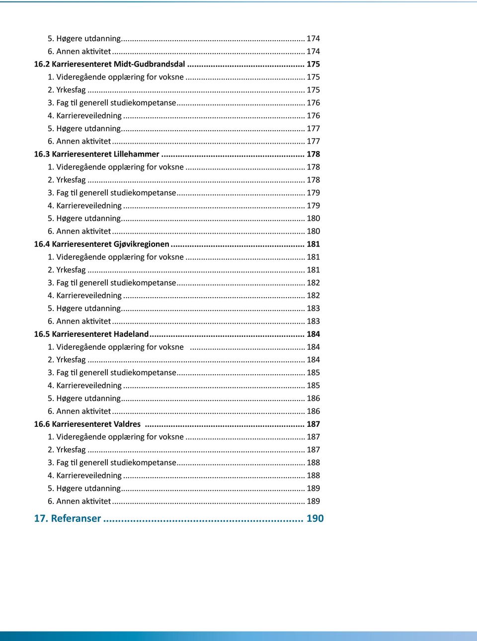 Videregående opplæring for voksne... 178 2. Yrkesfag... 178 3. Fag til generell studiekompetanse... 179 4. Karriereveiledning... 179 5. Høgere utdanning... 180 6. Annen aktivitet... 180 16.