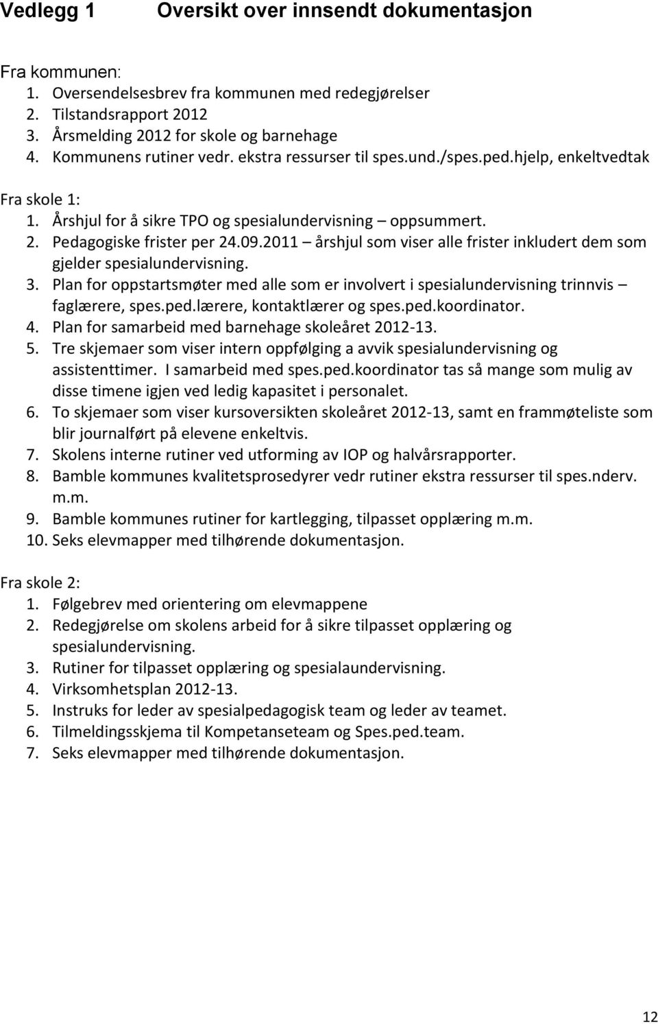 2011 årshjul som viser alle frister inkludert dem som gjelder spesialundervisning. 3. Plan for oppstartsmøter med alle som er involvert i spesialundervisning trinnvis faglærere, spes.ped.