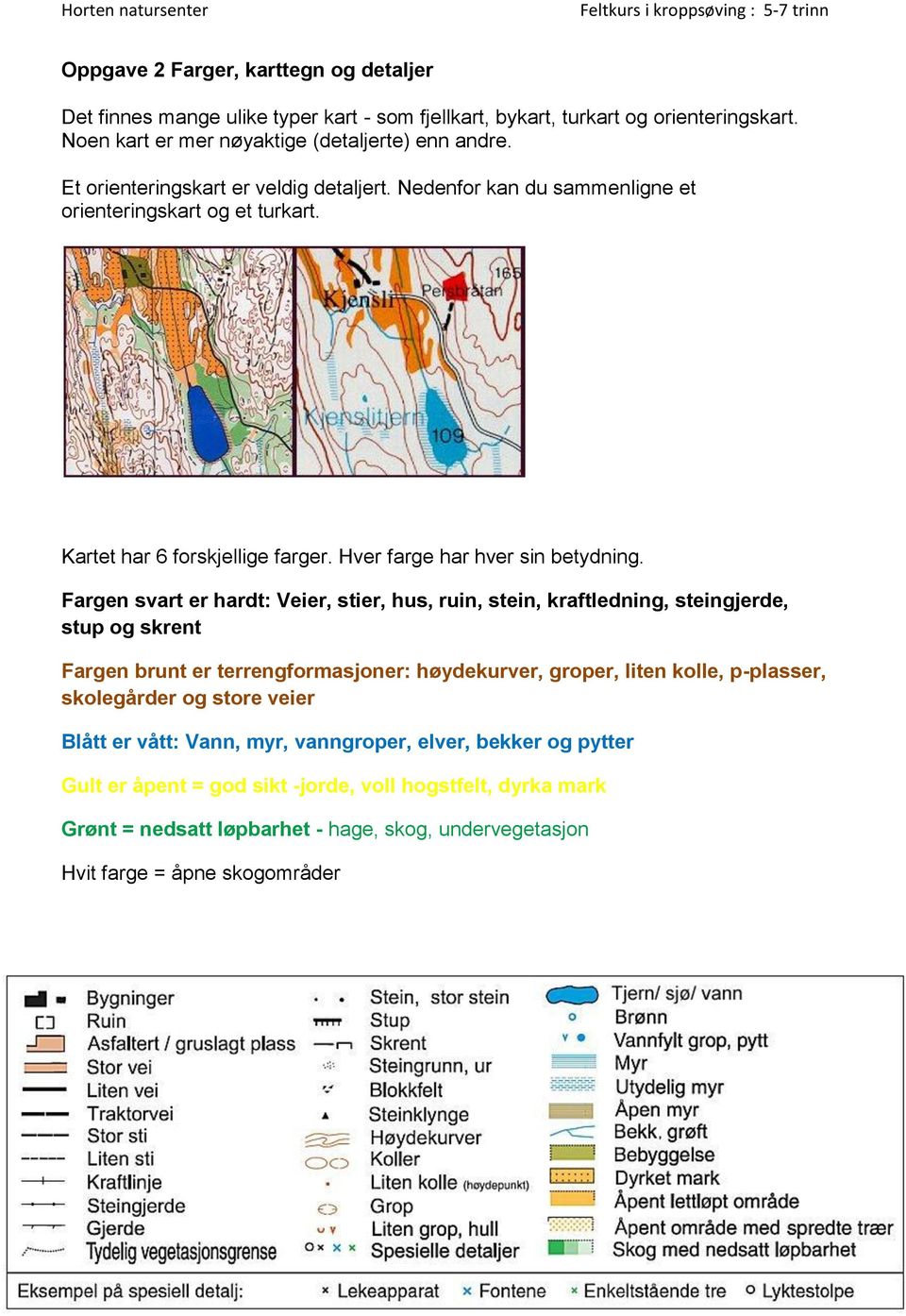 Fargen svart er hardt: Veier, stier, hus, ruin, stein, kraftledning, steingjerde, stup og skrent Fargen brunt er terrengformasjoner: høydekurver, groper, liten kolle, p-plasser, skolegårder