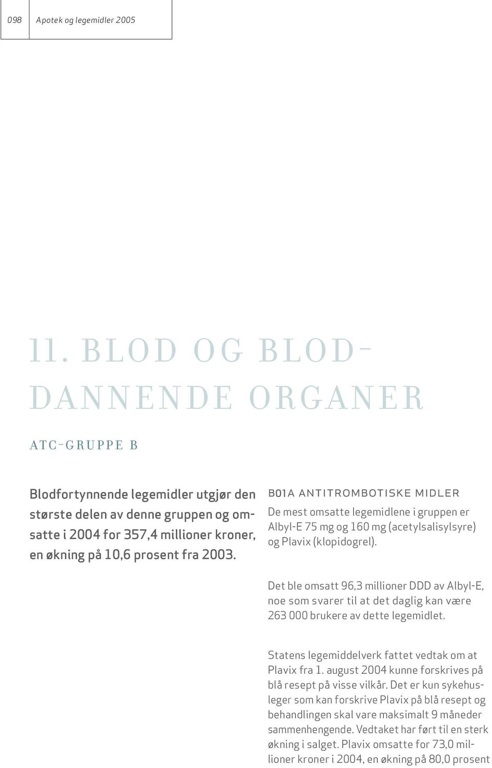 b01a antitrombotiske midler De mest omsatte legemidlene i gruppen er Albyl-E 75 mg og 160 mg (acetylsalisylsyre) og Plavix (klopidogrel).