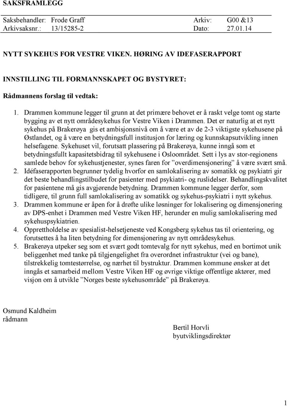 Drammen kommune legger til grunn at det primære behovet er å raskt velge tomt og starte bygging av et nytt områdesykehus for Vestre Viken i Drammen.