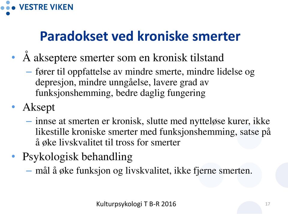 at smerten er kronisk, slutte med nytteløse kurer, ikke likestille kroniske smerter med funksjonshemming, satse på å