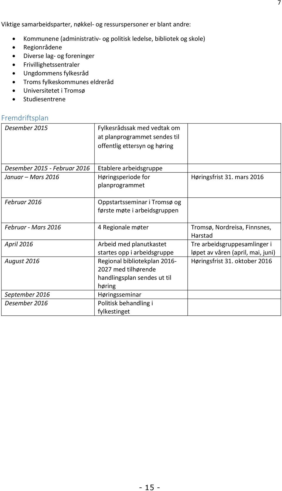 offentlig ettersyn og høring Desember 2015 - Februar 2016 Januar Mars 2016 Februar 2016 Etablere arbeidsgruppe Høringsperiode for planprogrammet Oppstartsseminar i Tromsø og første møte i