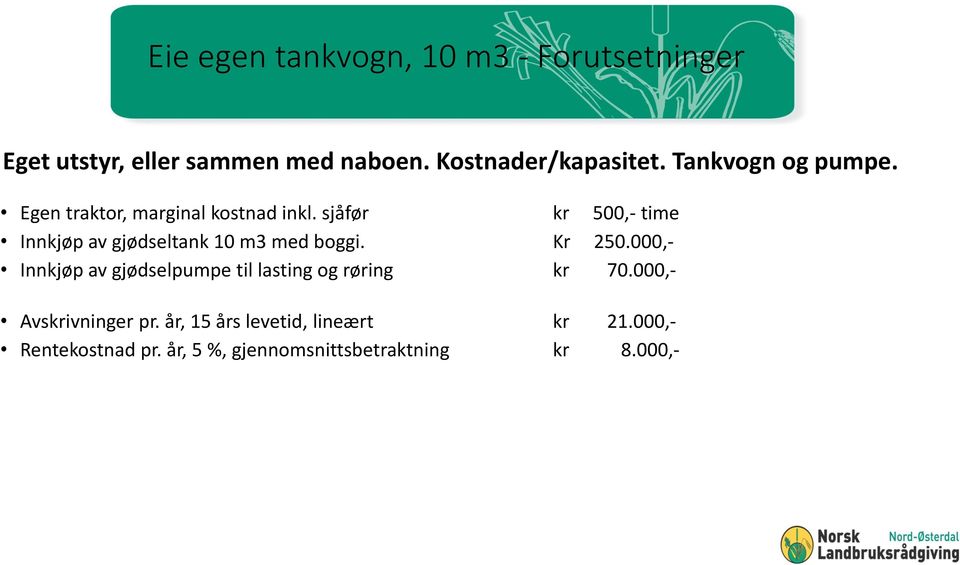 sjåfør kr 500,- time Innkjøp av gjødseltank 10 m3 med boggi. Kr 250.