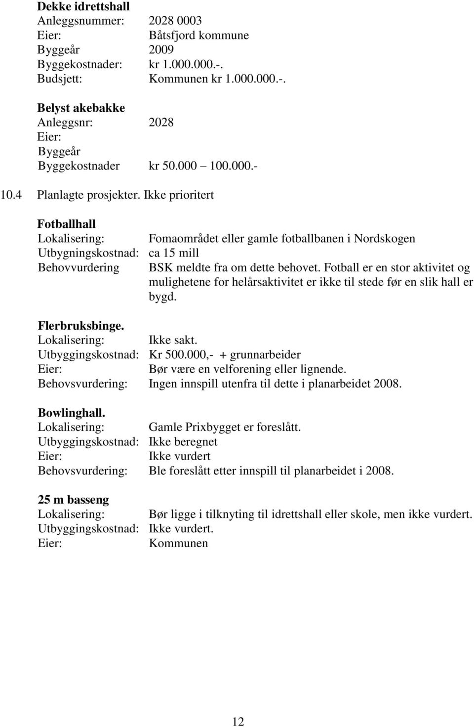 Ikke prioritert Fotballhall Lokalisering: Fomaområdet eller gamle fotballbanen i Nordskogen Utbygningskostnad: ca 15 mill Behovvurdering BSK meldte fra om dette behovet.