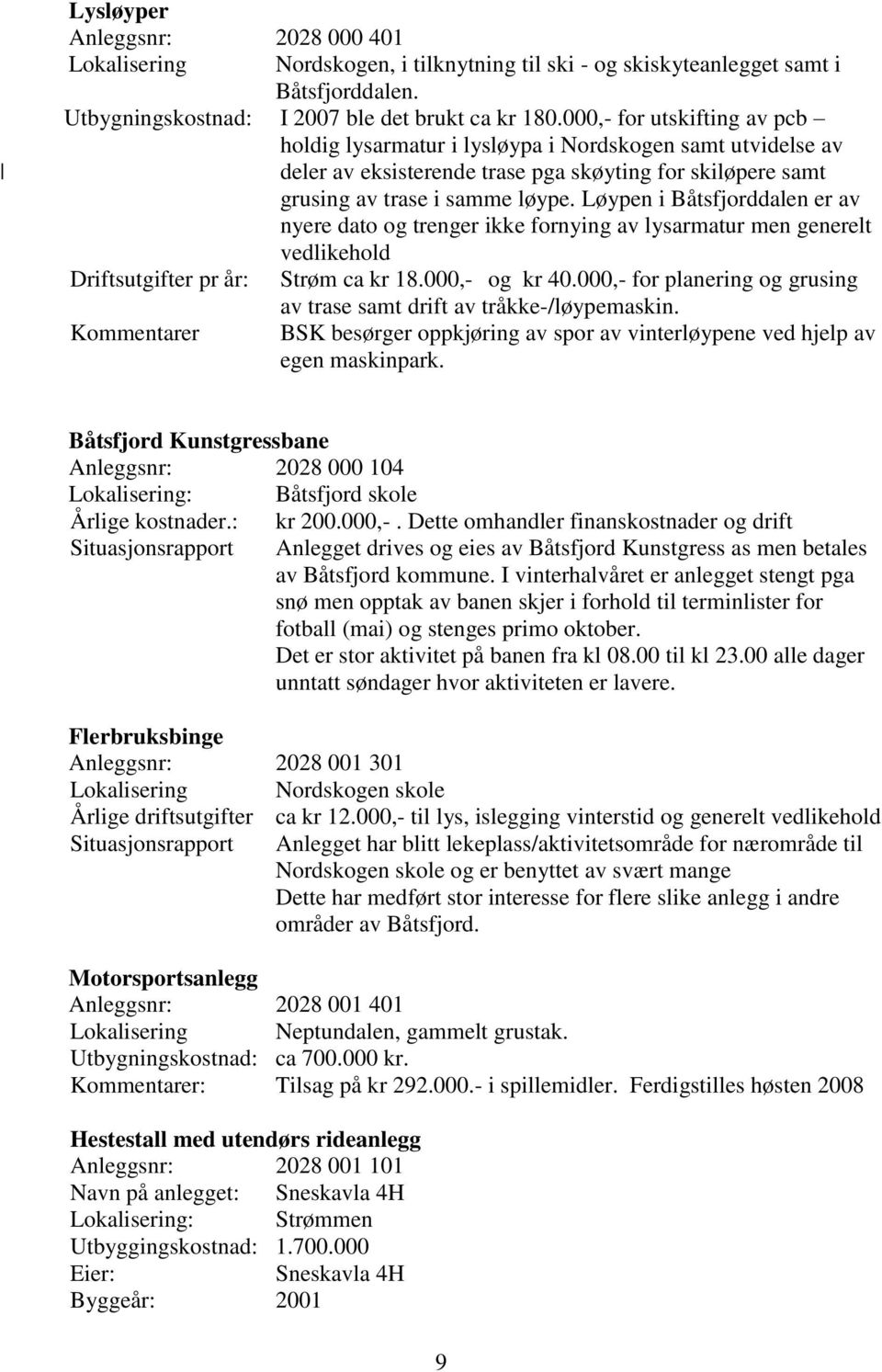 Løypen i Båtsfjorddalen er av nyere dato og trenger ikke fornying av lysarmatur men generelt vedlikehold Driftsutgifter pr år: Kommentarer Strøm ca kr 18.000,- og kr 40.