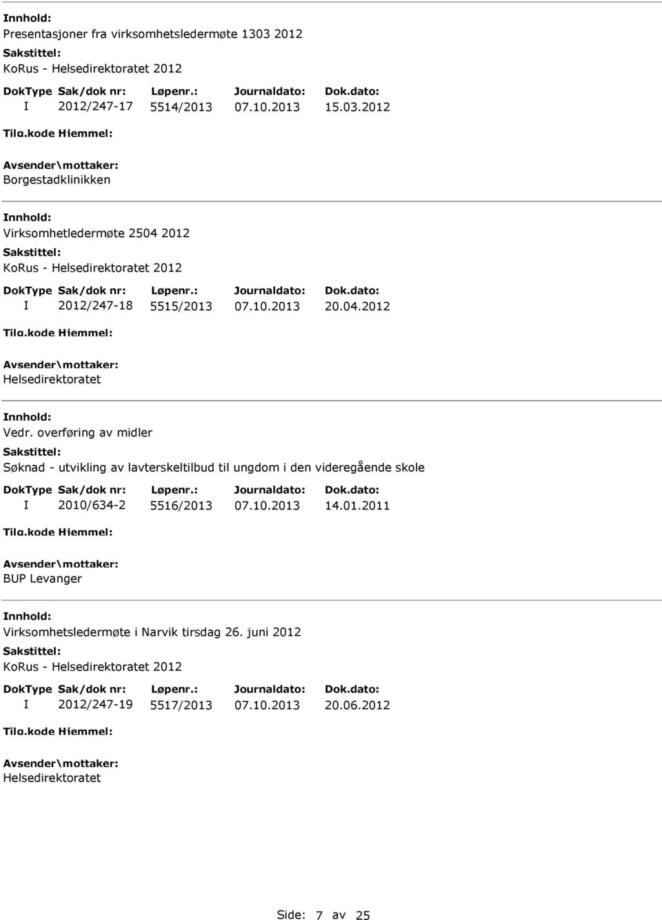 2012 Borgestadklinikken nnhold: Virksomhetledermøte 2504 2012 KoRus - 2012 2012/247-18 5515/2013 20.04.2012 nnhold: Vedr.