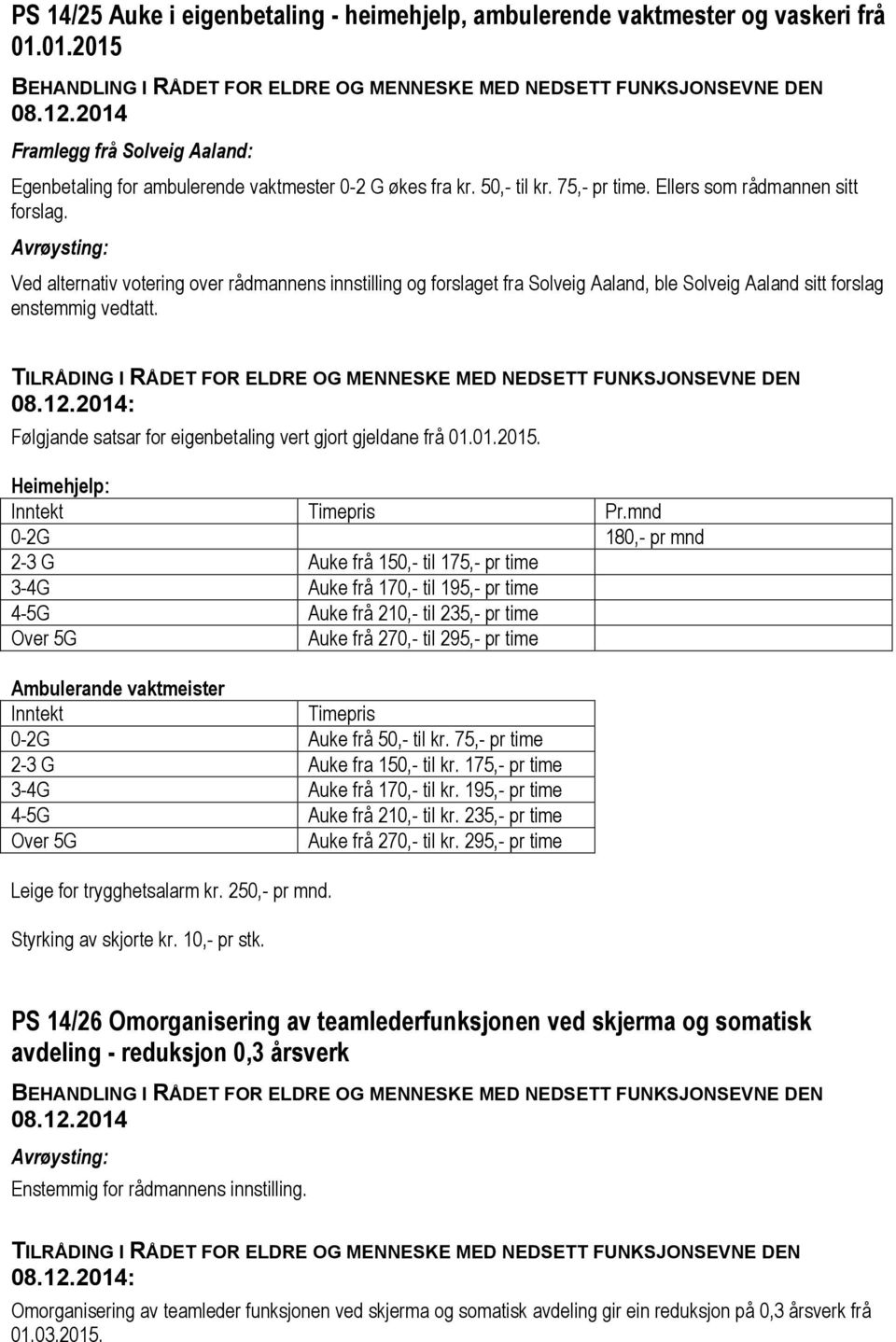 Følgjande satsar for eigenbetaling vert gjort gjeldane frå 01.01.2015. Heimehjelp: Inntekt Timepris Pr.