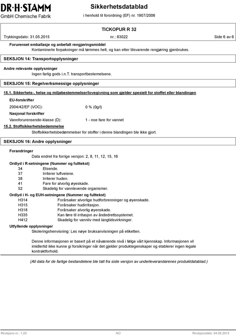 2. Stoffsikkerhetsbedømmelse 0 % (0g/l) 1 - noe fare for vannet Stoffsikkerhetsbedømmelser for stoffer i denne blandingen ble ikke gjort.