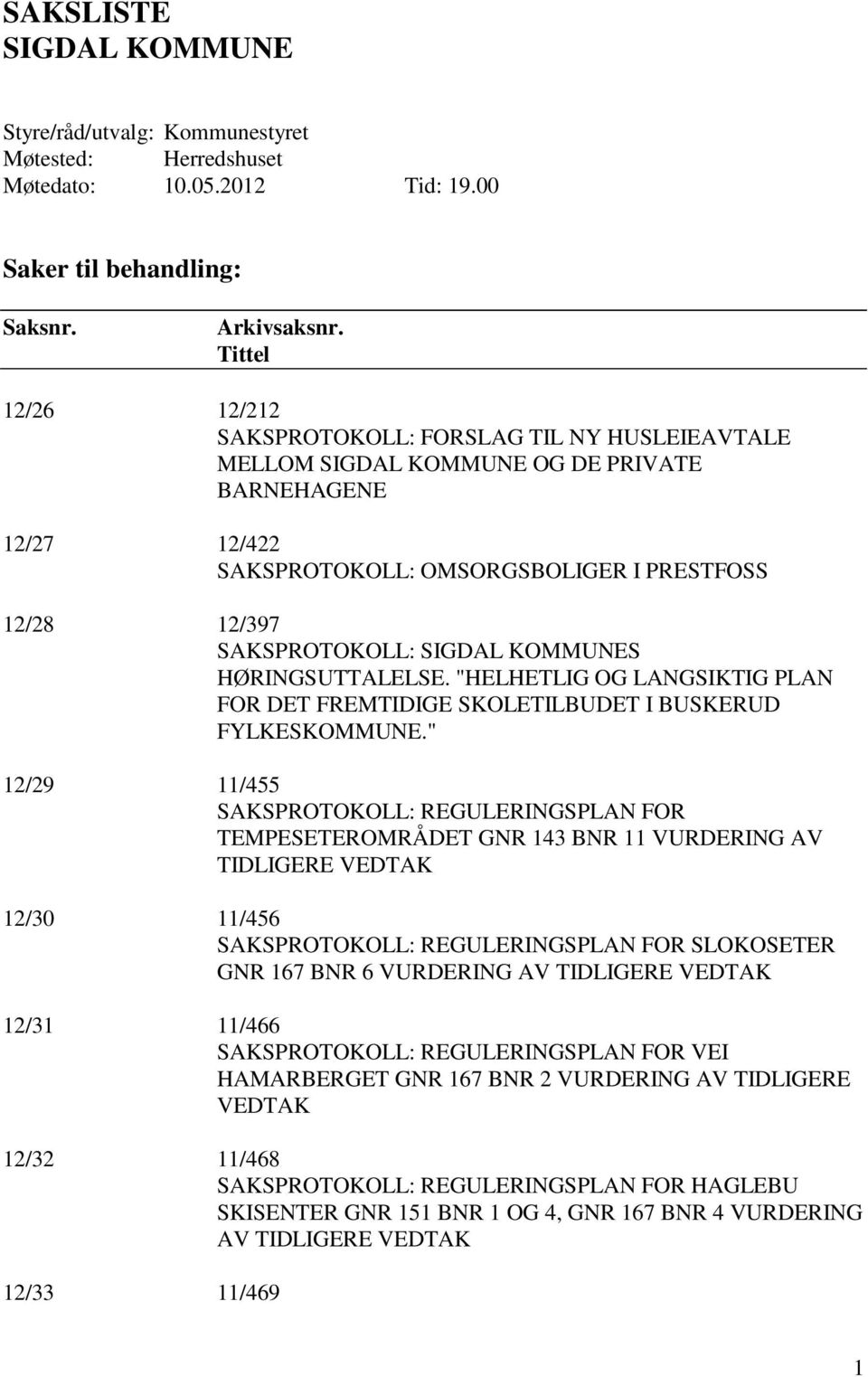 SIGDAL KOMMUNES HØRINGSUTTALELSE. "HELHETLIG OG LANGSIKTIG PLAN FOR DET FREMTIDIGE SKOLETILBUDET I BUSKERUD FYLKESKOMMUNE.