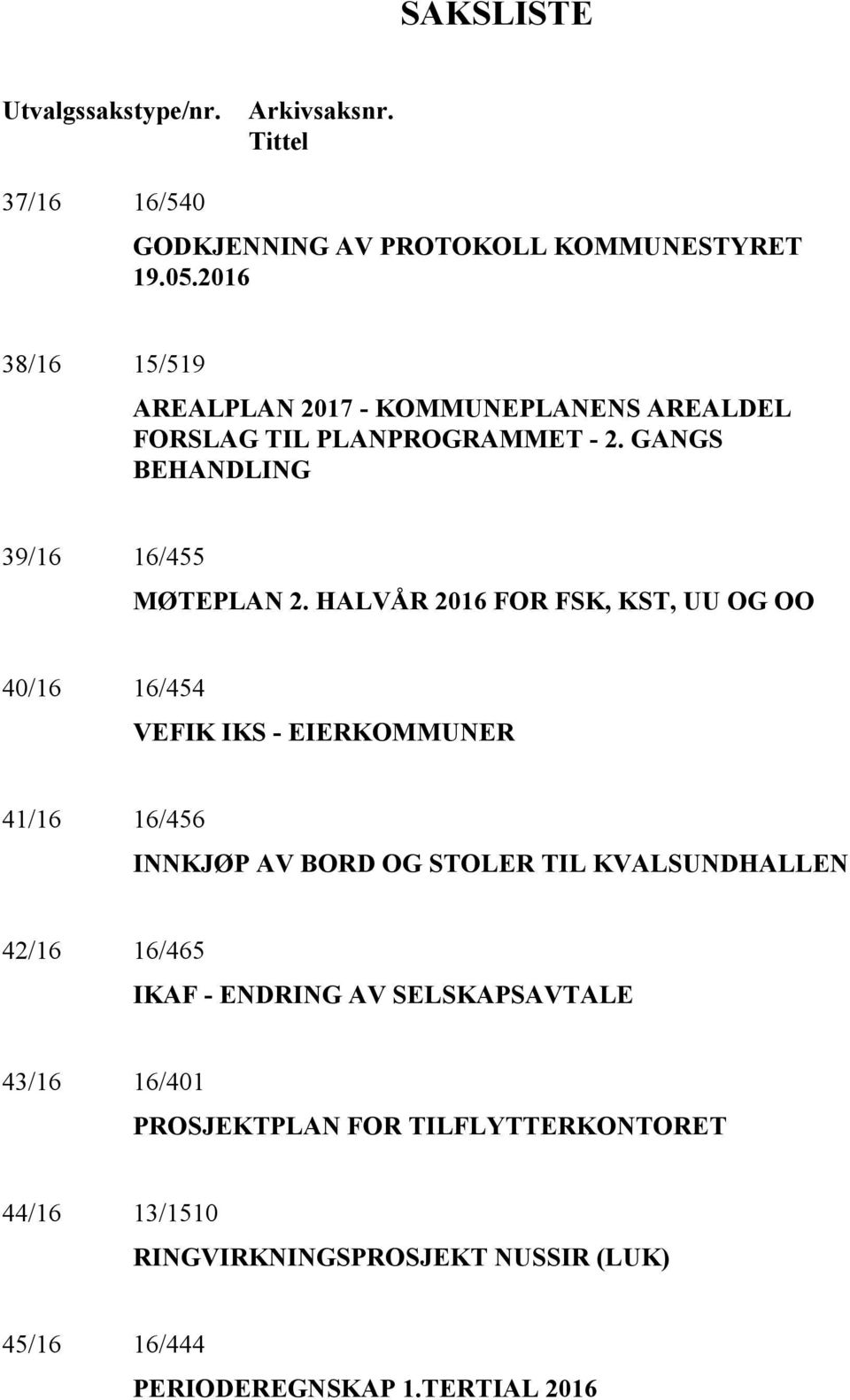 HALVÅR 2016 FOR FSK, KST, UU OG OO 40/16 16/454 VEFIK IKS - EIERKOMMUNER 41/16 16/456 INNKJØP AV BORD OG STOLER TIL KVALSUNDHALLEN 42/16