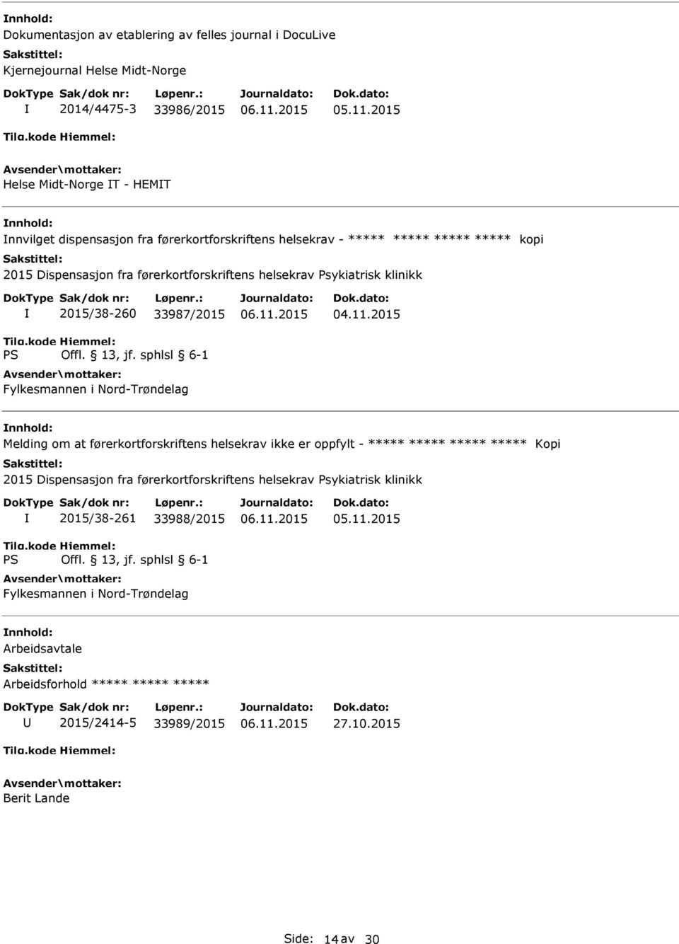 33987/2015 Fylkesmannen i Nord-Trøndelag Melding om at førerkortforskriftens helsekrav ikke er oppfylt - ***** ***** ***** ***** Kopi 2015 Dispensasjon fra